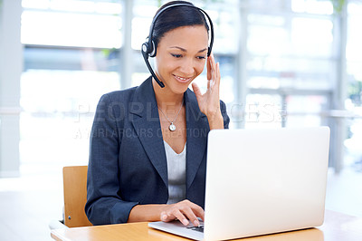 Buy stock photo Call centre, financial advisor or woman with laptop for communication, support or customer service. Consultant, virtual help and agent speaking for telemarketing, consultation or online assistance