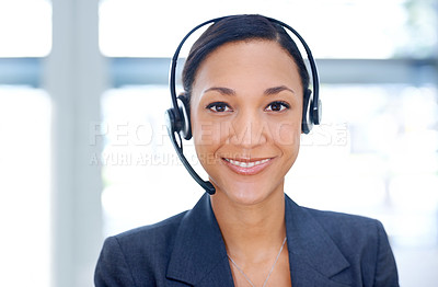 Buy stock photo Businesswoman, headset and operator in portrait, customer service and crm in office. Happy person, call centre representative and technical support or networking, hotline and consultant in workplace