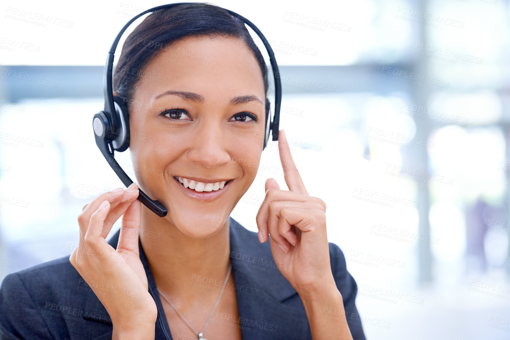 Buy stock photo Businesswoman, headset and virtual assistant in portrait, customer service and crm in office. Female person, call centre representative and technical support or networking, hotline and consultant