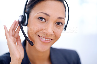 Buy stock photo Businesswoman, headset and faq in portrait, customer service and crm in office. Female person, call centre representative and technical support or networking, hotline and consultant in workplace