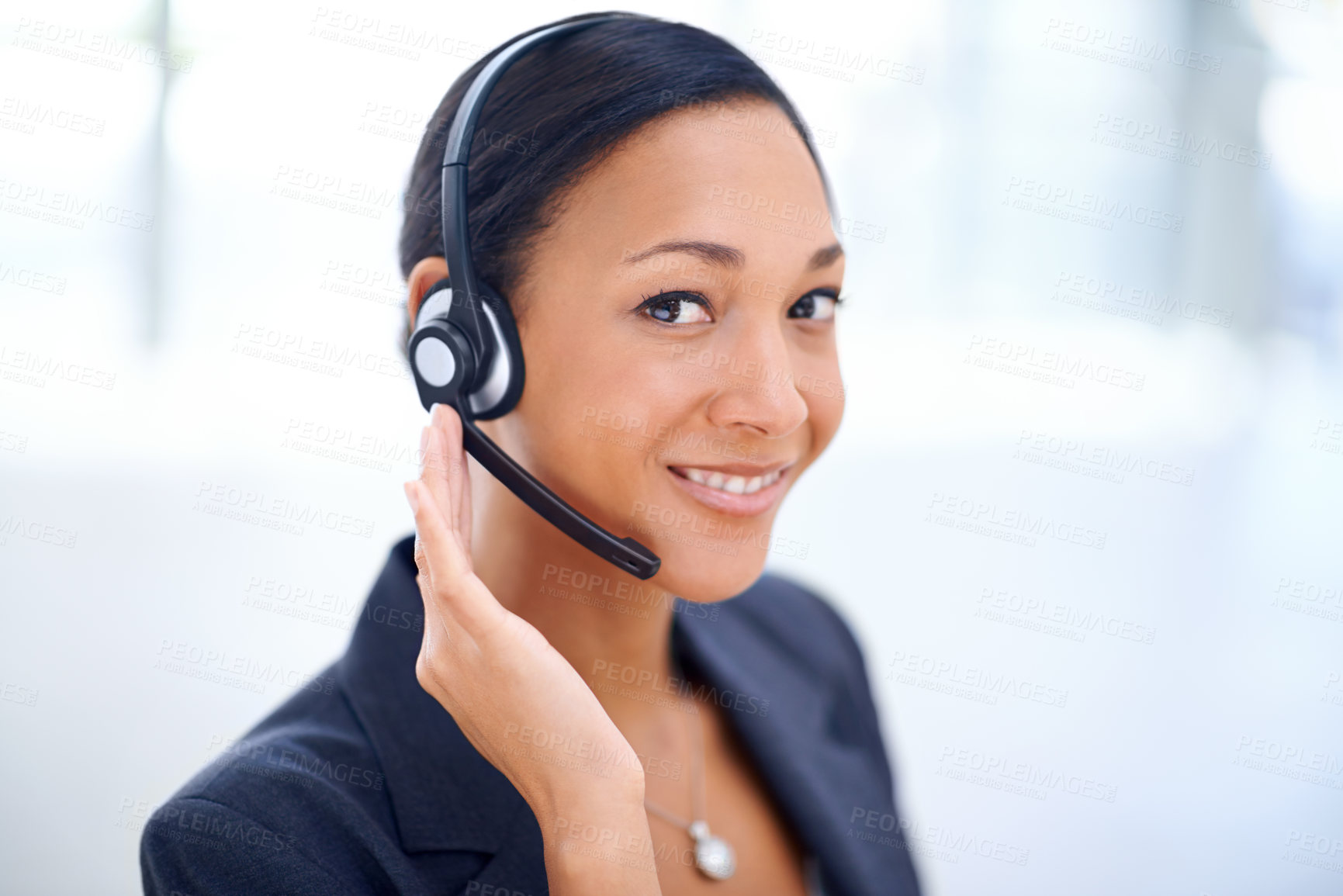 Buy stock photo Businesswoman, headset and customer service in portrait, helpdesk and crm in office. Female person, call centre representative and technical support or networking, hotline and consultant in workplace