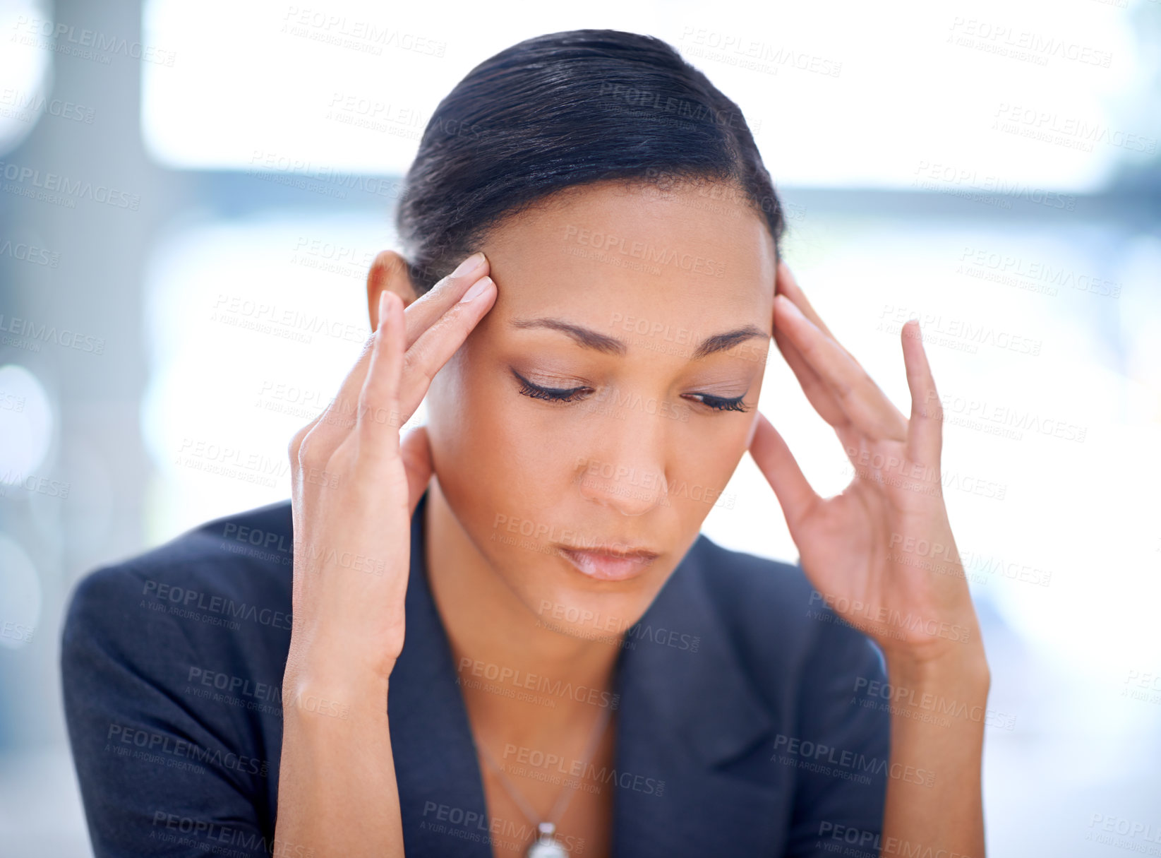 Buy stock photo Frustrated, headache and business woman with stress, anxiety or mental health from pressure at office. Closeup of young female person with migraine or depression in burnout, fatigue or financial debt