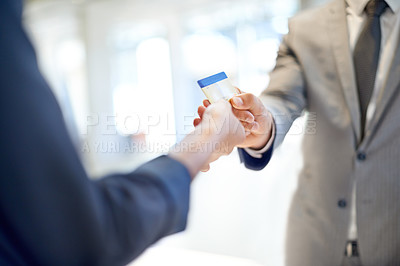 Buy stock photo Hands, customer and man with woman, credit card and hotel employee with transactions. Lodge, professional with payment or hospitality with closeup and finance with people, receptionist or corporate  