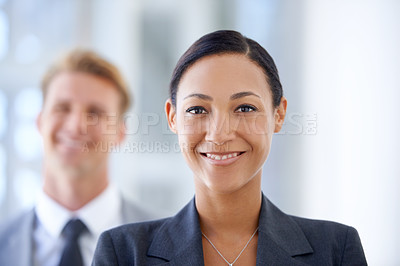 Buy stock photo Happy, business woman and portrait for leadership, management or corporate firm at office. Face of young female person, lawyer or attorney with smile, team or agency for career ambition at workplace