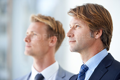 Buy stock photo Businessman, team and dream with vision for career ambition, mission or corporate law firm at office. Face of man, lawyer or business employees looking away in professional organization, suit or tie