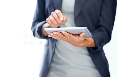 Buy stock photo Businesswoman, hands or tablet for research on website, internet or social media in digital agency. Networking, closeup or worker typing on technology for schedule, news or online solution in office