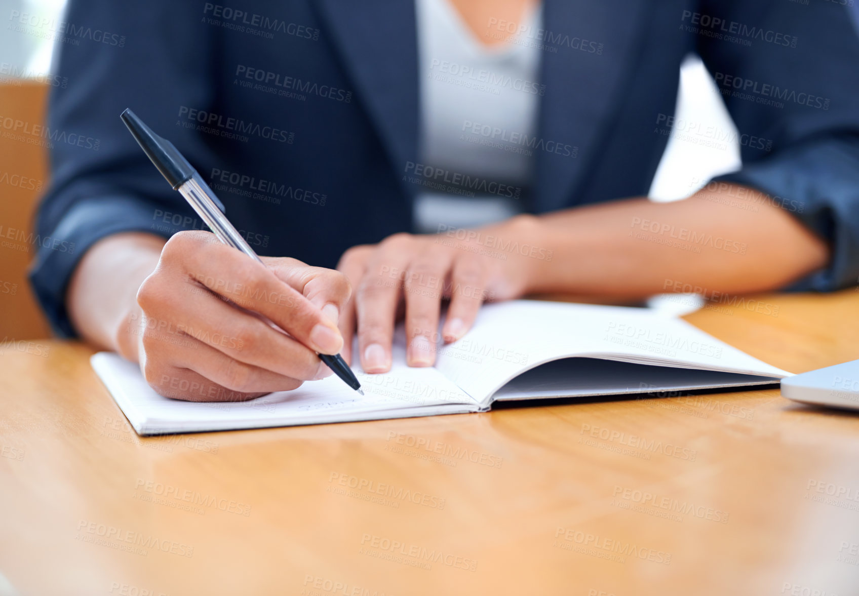 Buy stock photo Hands, business and writing in book closeup, agenda and information in office. Journal, notes and fingers of professional secretary at desk with pen for reminder, schedule and planning project ideas