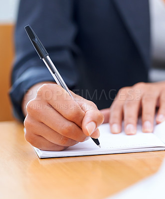 Buy stock photo Hands, business person and writing in notebook, agenda and info in office. Journal, notes and closeup of professional secretary at desk with pen for reminder, schedule and planning project ideas