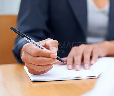 Buy stock photo Hands, business and writing in notebook closeup, agenda and info in office. Journal, notes and fingers of professional secretary at desk with pen for reminder, schedule and planning project ideas