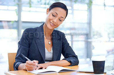 Buy stock photo Smile, business woman and writing in notebook, research and information in office. Journal, notes and professional secretary at desk with pen for reminder, schedule and planning ideas for project