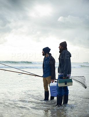 Buy stock photo Fisherman, friends and gear on beach for fishing in the morning by sea with overcast, equipment and sky. Friendship, men and net with bonding, travel or rod by water for hobby, holiday or activity
