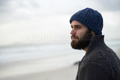 Buy stock photo Thinking, calm and man at beach with memory, nostalgia or reflection with ocean view in nature. Remember, travel and male person at sea for fresh air, journey or peaceful Florida vacation in winter