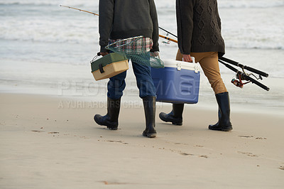Buy stock photo Walk, fishing and men on beach together with cooler, tackle box and holiday adventure. Ocean, fisherman and friends with rods, bait and tools for hobby at waves on winter morning vacation at sea.