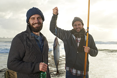 Buy stock photo Happy, people and fishing portrait at sea with pride for tuna catch at sunset. Fisherman, friends and smile holding fish and rod in hand on holiday, adventure or travel in nature on vacation at ocean