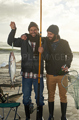 Buy stock photo People, fishing and happy portrait at lake with pride to catch trout with tools on pier at on holiday. Fisherman, friends and smile holding fish in hand on adventure in nature at sea for vacation