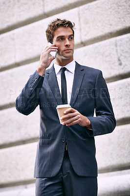 Buy stock photo Phone call, coffee and business man in city for corporate, communication and contact. Networking, technology and conversation with male employee in outdoors for feedback, planning and chat