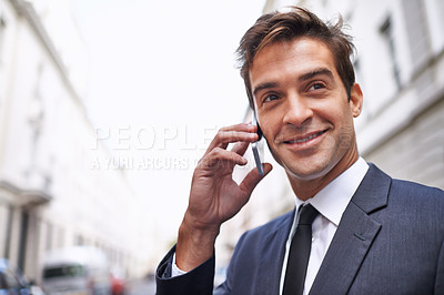 Buy stock photo Phone call, smile and business man in city for corporate, communication and contact. Networking, technology and conversation with male employee in outdoors for feedback, planning and chat