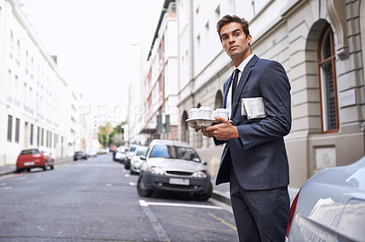 Buy stock photo Businessman, coffee and street for travel to office, building or meeting in London. Road, cars and intern with thinking for journey, commute or trip to workplace for drink delivery in morning
