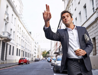 Buy stock photo Business travel, man and taxi hand sign in a city street for morning commute, signal or gesture outdoor. Finger, emoji or lawyer with symbol for metro transportation, cab or bus, service or chauffeur