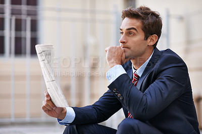 Buy stock photo Thinking, business man and newspaper outdoor in city for opportunity, dream and reading. Paper, vision and consultant in urban town with decision, inspiration and serious employee planning future