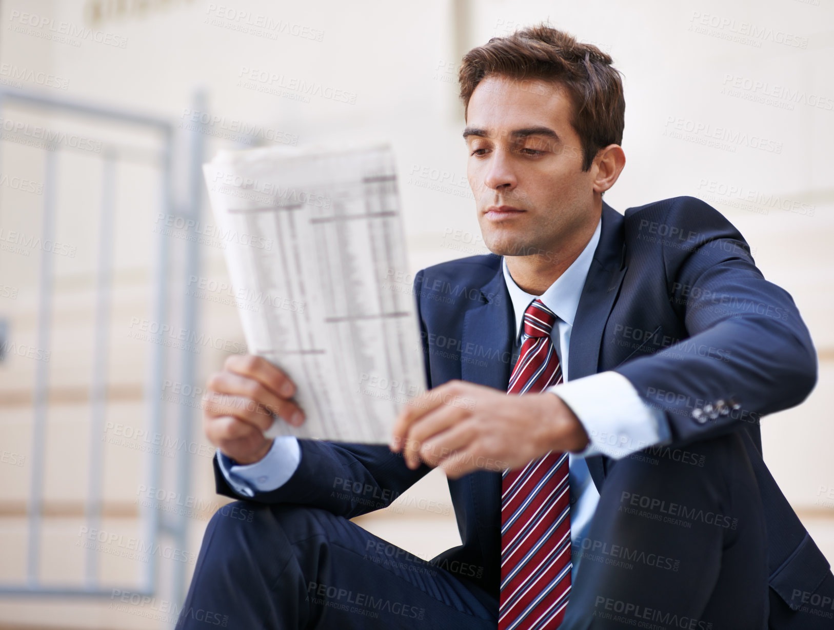 Buy stock photo Employee, reading and newspaper for stock information for company in business for career. Man, thoughtful and working as worker of corporate  and professional for accounting job in suit outdoor