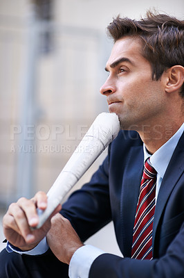 Buy stock photo Businessman, thinking and newspaper for information of corporate company for news of job. Man, thoughtful and working as employee of business and professional for accounting career in suit outdoor