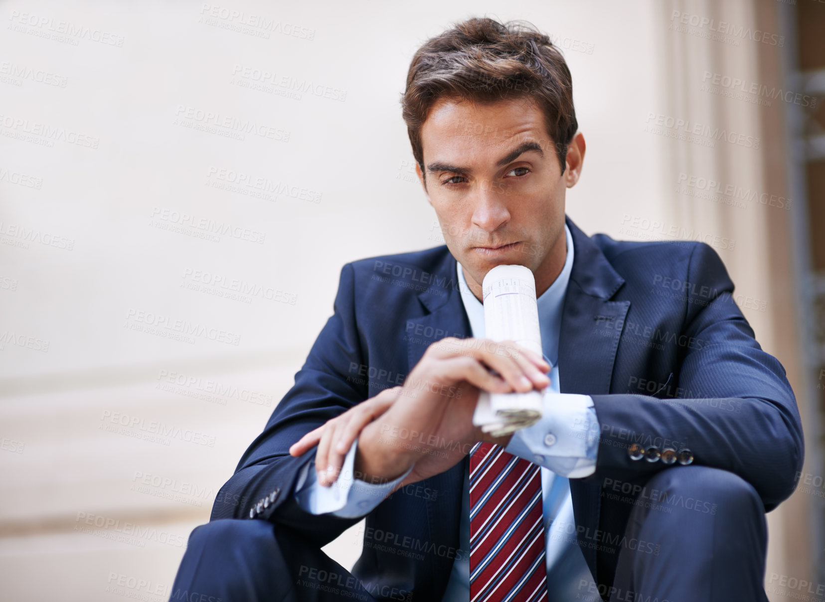 Buy stock photo Businessman, thinking and newspaper for ideas for corporate company in city as employee of business. Man, ambitious and sitting on street and thoughtful about stocks information on finance of work