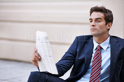 Buy stock photo Thinking, business man and newspaper in city outdoor for opportunity, dream or vision. Inspiration, idea and lawyer in urban town with decision, problem solving and serious employee planning future