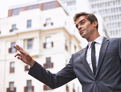 Buy stock photo Businessman, travel and taxi hand sign in a city street for morning commute, signal or gesture outdoor. Finger, emoji or lawyer with symbol for metro transportation, cab or bus, service or chauffeur