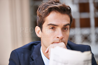 Buy stock photo Thinking, business man and newspaper in city outdoor for opportunity, dream or vision at sunset. Face, idea and lawyer in urban town with decision, inspiration and serious employee planning future