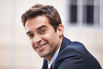 Buy stock photo City, happy and portrait of business man for morning commute, travel and journey to office. Professional, corporate worker and confident person in urban town for entrepreneurship, job and career