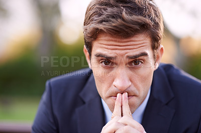 Buy stock photo Portrait, stress and businessman thinking at park outdoor, financial crisis or frustrated with bankruptcy. Face, depression and professional with anxiety, fail and lawyer worry for mistake at garden