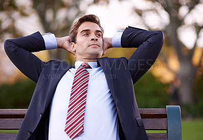 Buy stock photo Businessman, bench and relax in park for morning, idea or fresh air at sunrise in New York. Corporate, man and formal clothes with confidence for vision, break or thinking outdoors in nature