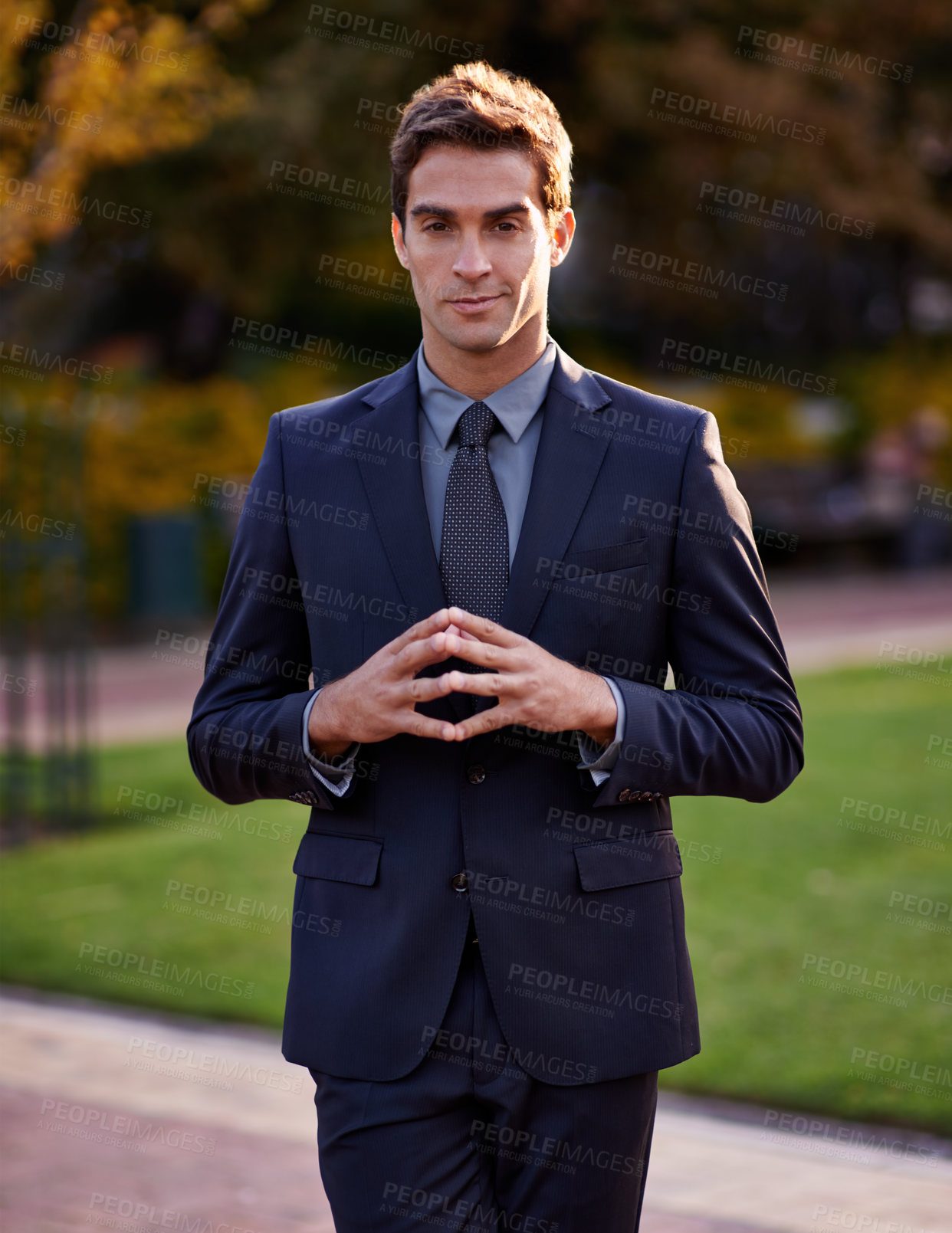 Buy stock photo Portrait, business and man with hands together, park and thinking with professional and confidence. Face, person or employee with hand gesture or ideas for a project or outdoor with lawyer or startup