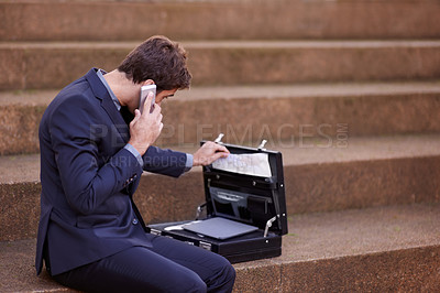 Buy stock photo Phone call, consulting and business man and briefcase for corporate, communication and contact. Networking, technology and conversation with male employee in city for feedback, planning and chat
