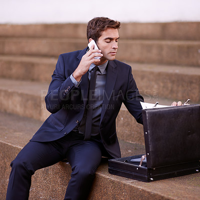 Buy stock photo Phone call, briefcase and business man in city for Corporate, communication and contact. Networking, technology and conversation with male employee outdoors for feedback, planning and chat with paper
