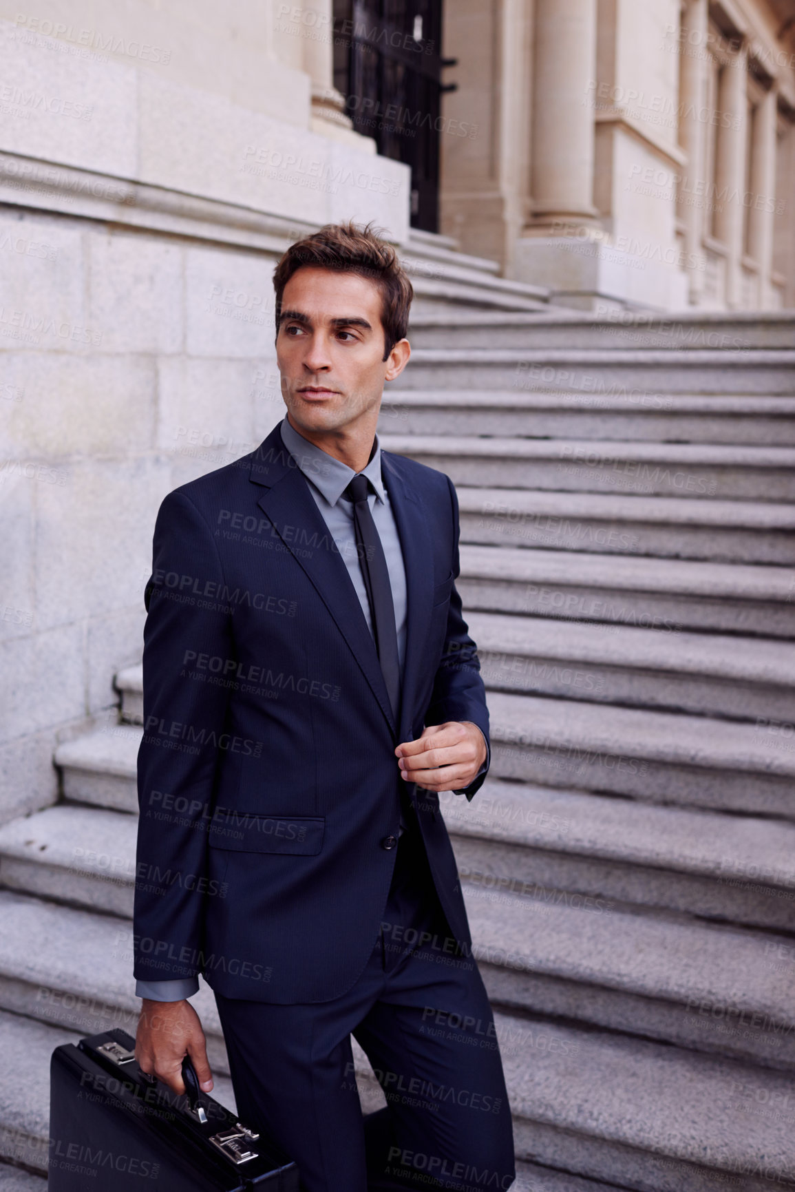 Buy stock photo Thinking, stairs and business with man, lawyer and ideas with confidence and professional. Person, legal aid on steps and walking with employee at courthouse and New York with career and proud worker