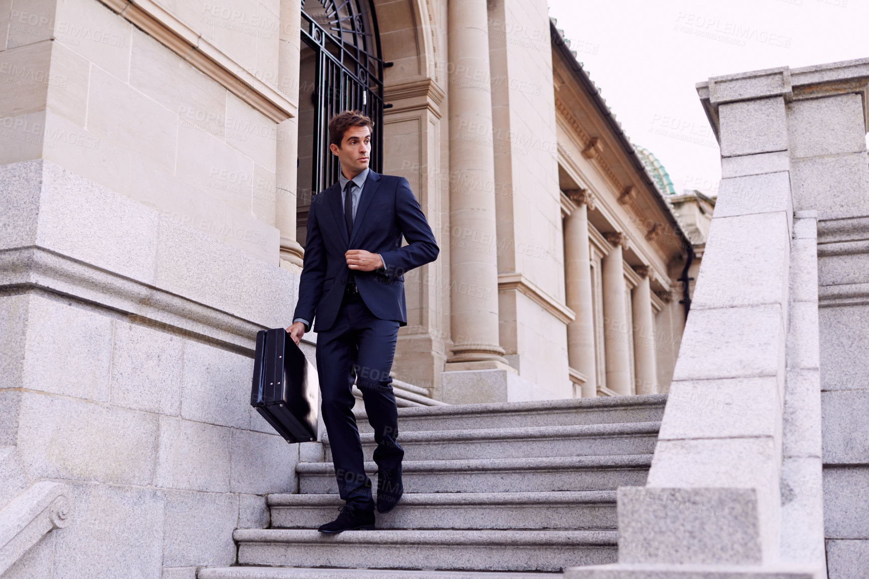 Buy stock photo Business, briefcase and man walking on steps outside law firm in city with evening commute, sidewalk and court building. Businessman, lawyer or attorney on outdoor stairs with bag for urban travel.