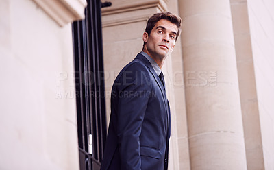 Buy stock photo Thinking, business and man in city, buildings and decision with confidence and entrepreneur. Person, outdoor and New York with professional or urban town with travel, journey or financial consultant