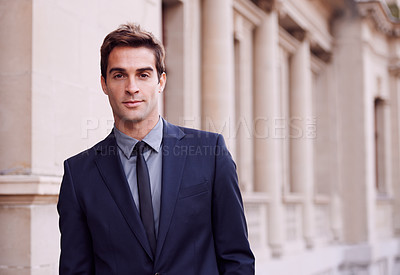 Buy stock photo City, serious and portrait of business man for morning commute, travel and journey to office. Professional, corporate worker and confident person in urban town for entrepreneurship, job and career