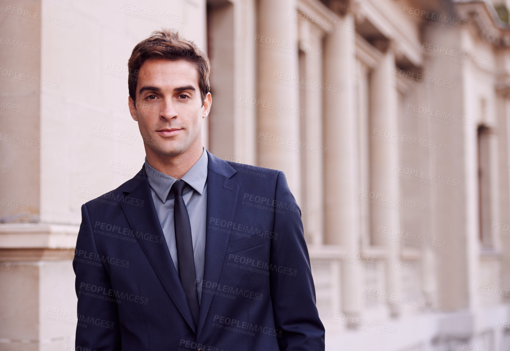 Buy stock photo City, serious and portrait of business man for morning commute, travel and journey to office. Professional, corporate worker and confident person in urban town for entrepreneurship, job and career