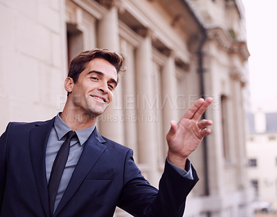 Buy stock photo Business travel, happy man and taxi hand sign. in a city for morning commute, signal or gesture outdoor. Finger, emoji or lawyer with symbol for metro transportation, cab or bus, service or chauffeur