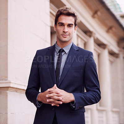 Buy stock photo City, confidence and portrait of business man for morning commute, travel and journey to office. Professional, corporate worker and person in urban town for entrepreneurship, job and career ambition