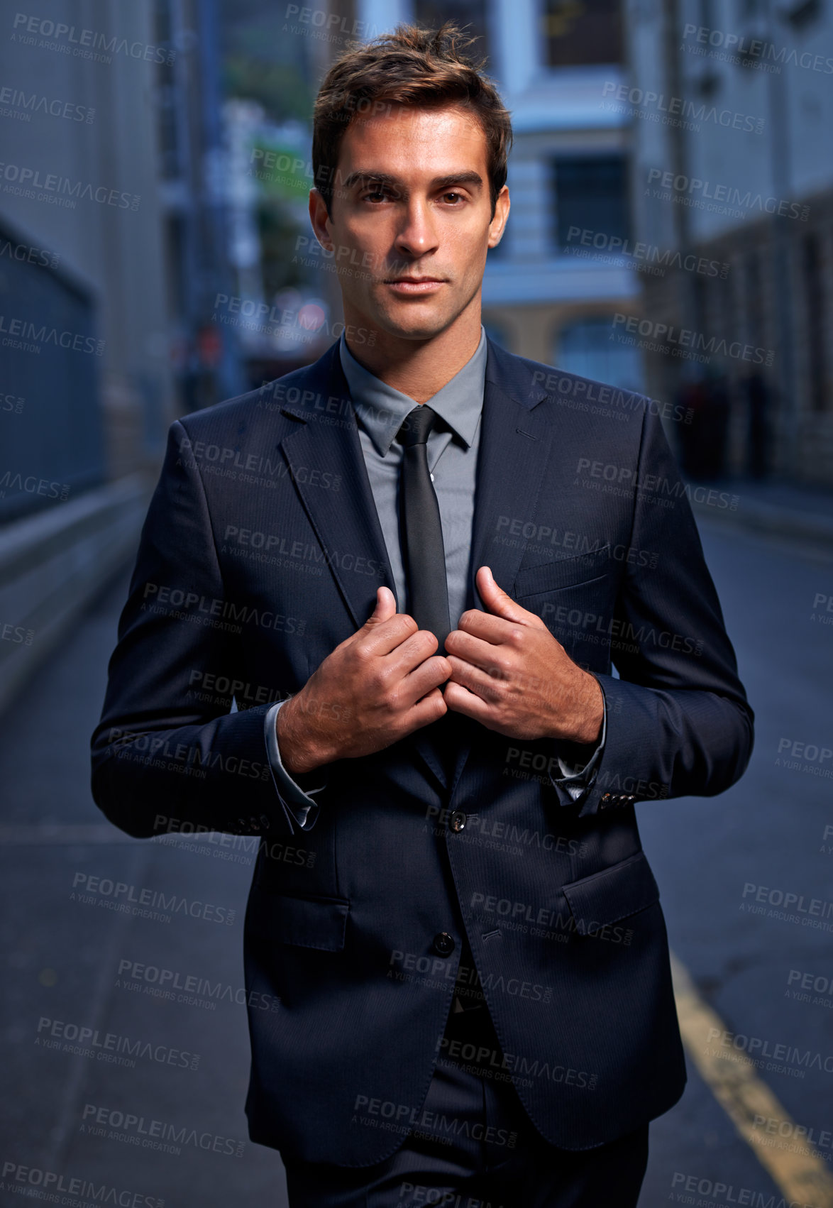 Buy stock photo City, night and portrait of business man in style for commute, walking and travel from office. Professional fashion, corporate worker and person in urban town for entrepreneurship, job and career