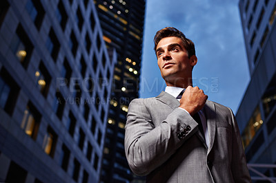 Buy stock photo Night, travel and business man thinking in a city street for dream, vision or job opportunity. Idea, planning and male entrepreneur in New York road for evening trip, immigration or startup goal