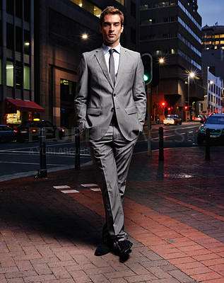 Buy stock photo Fashion, night and portrait of business man in city with style, formal clothes and suit in street. Professional, corporate worker and person in town for entrepreneurship, job and career in London