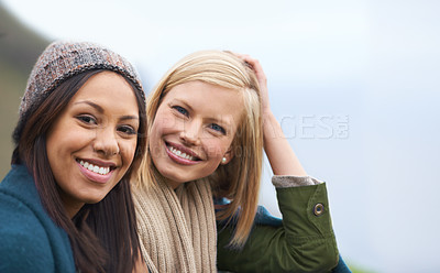 Buy stock photo Friends, happy and portrait of women on mountain for adventure on holiday, vacation and weekend outdoors. Nature, travel and people by seaside for relaxing, hike and bonding together in countryside