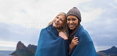 Buy stock photo Friends, mountain and portrait of women with blanket in winter for adventure on holiday, vacation and weekend. Nature, travel and person by seaside for relaxing, happiness or bonding in countryside