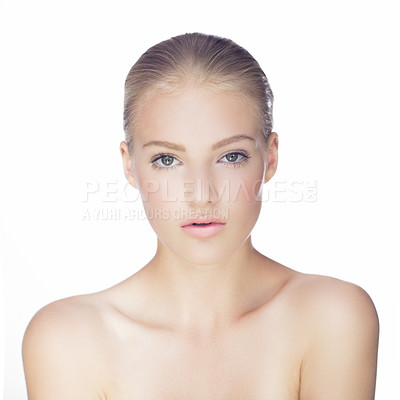 Buy stock photo Woman, portrait and beauty cosmetics in studio on white background with skincare wellness, make up or mockup space. Female person, model and face in Canada for confidence, treatment or dermatology