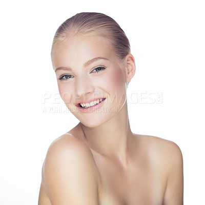 Buy stock photo Portrait, beauty and woman with skincare, dermatology and lady isolated on a white studio background. Face, female person or model with cosmetics, self care or grooming with luxury, shine or wellness